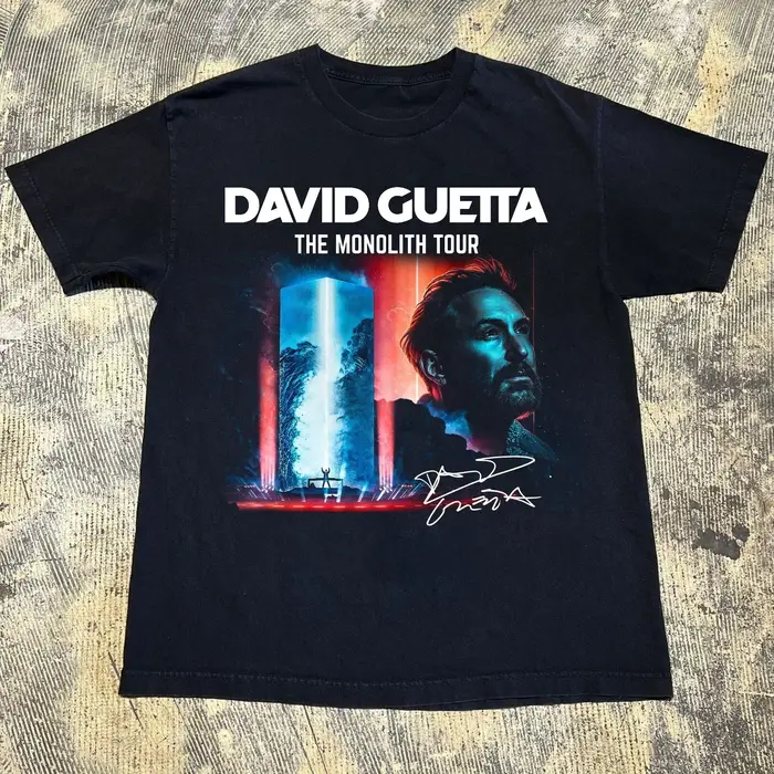 T-shirt David Guetta The Monolith Tour 2026, taille complète, t-shirt graphique, t-shirt vintage