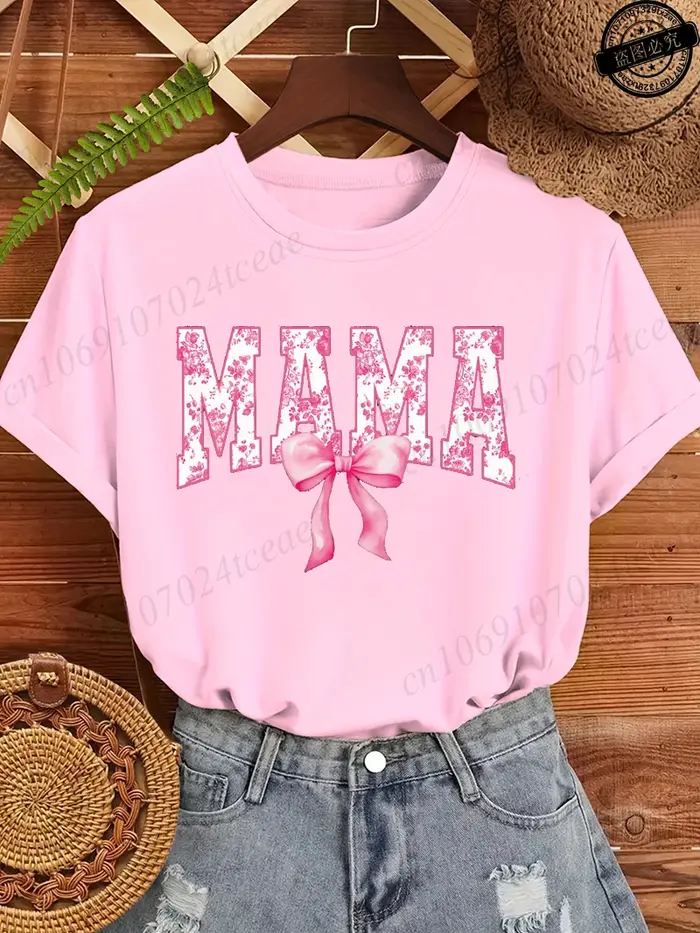 T-shirt imprimé Mama Coquette, T-shirt décontracté à manches courtes pour femme, Vêtement, Haut, Cad