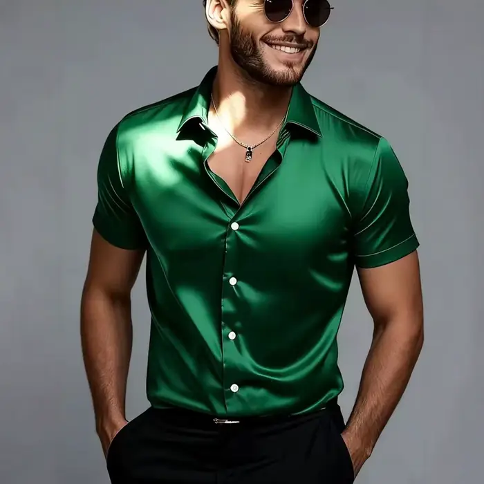 Chemise en satin de soie à manches courtes pour homme