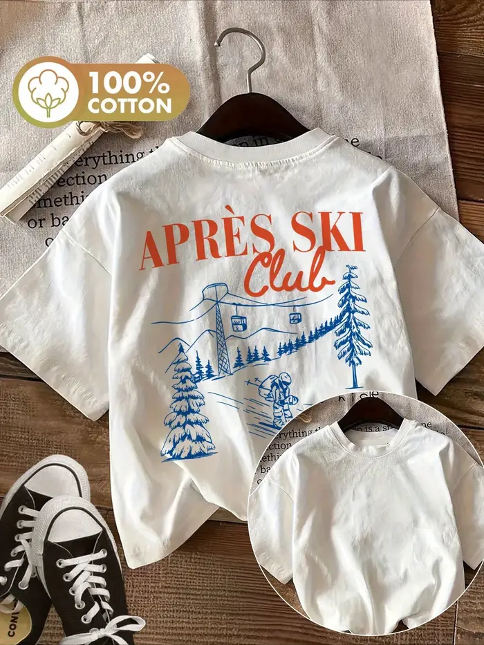 T-shirt de ski vintage pour femme en coton doux à manches courtes et col rond