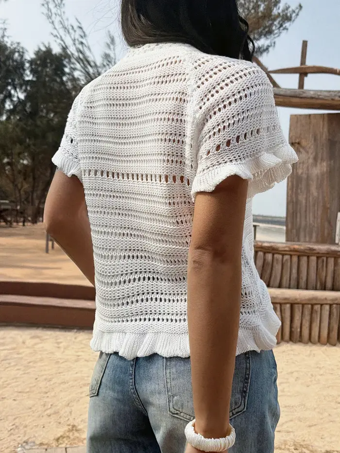 T-shirt style plage été 2026 pour femme, haut ample en crochet ajouré avec patchwork coquillage, man