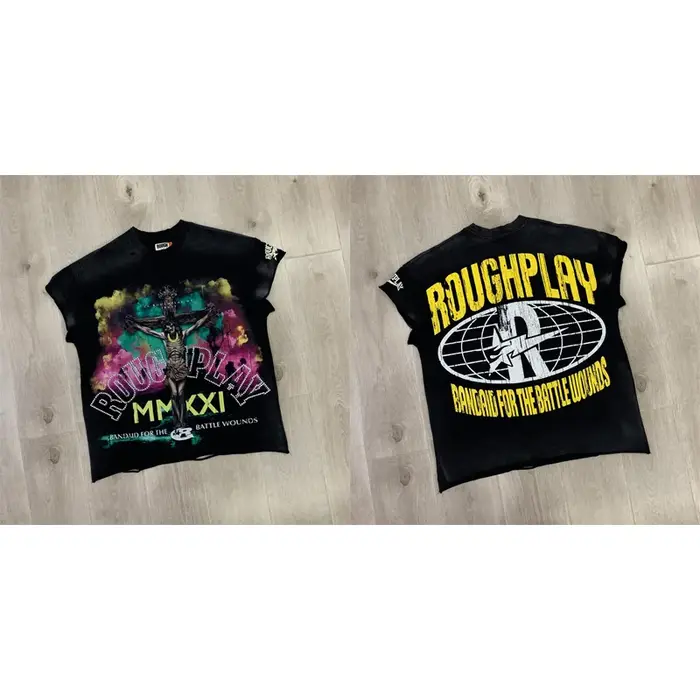 T-shirt Homme Américain Rétro Délavé à Paillettes et Clous Effet Vieilli et Troué