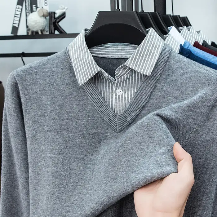  Pull en tricot à col de chemise pour hommes - Bleu clair (6 couleurs) Faux design à deux couches Style décontracté