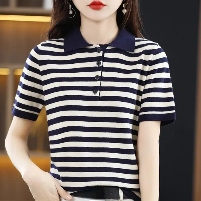 T-shirt femme rayé hauts bouton à manches courtes