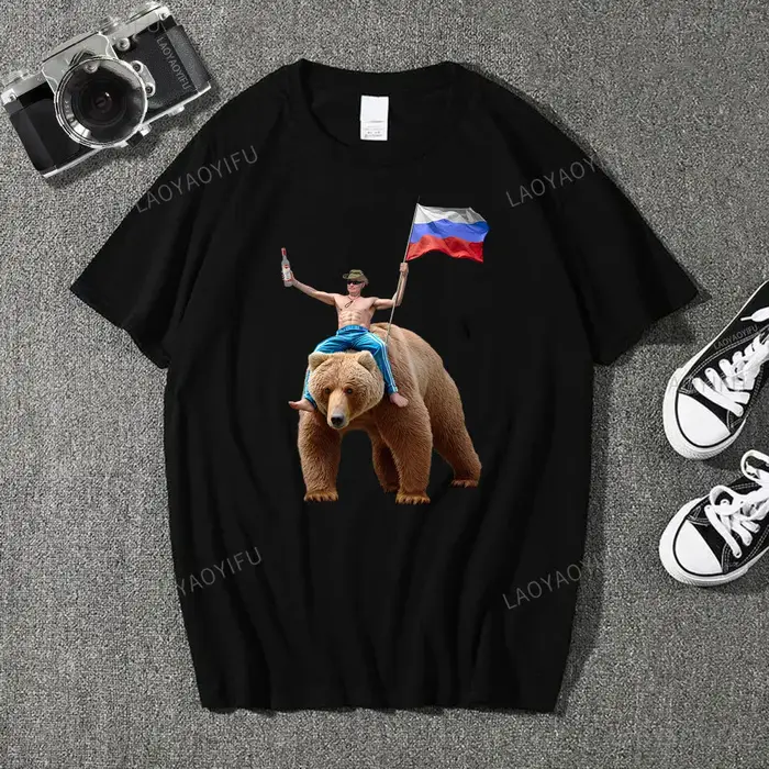 Classique poutine Vodka ours homme russe coton t-shirt Vladimir