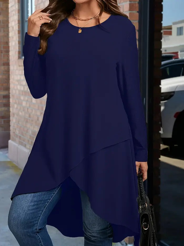 Grande taille femmes élégant ourlet asymétrique à manches longues T-Shirt col rond haut décontracté couleur unie toutes saisons vêtements pull