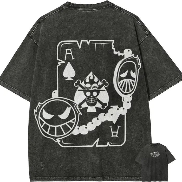 T-shirt Homme Ace Effet Délavé Acide, Motif Anime Pouce de l'Épée, Style Vintage Streetwear, avec Ba