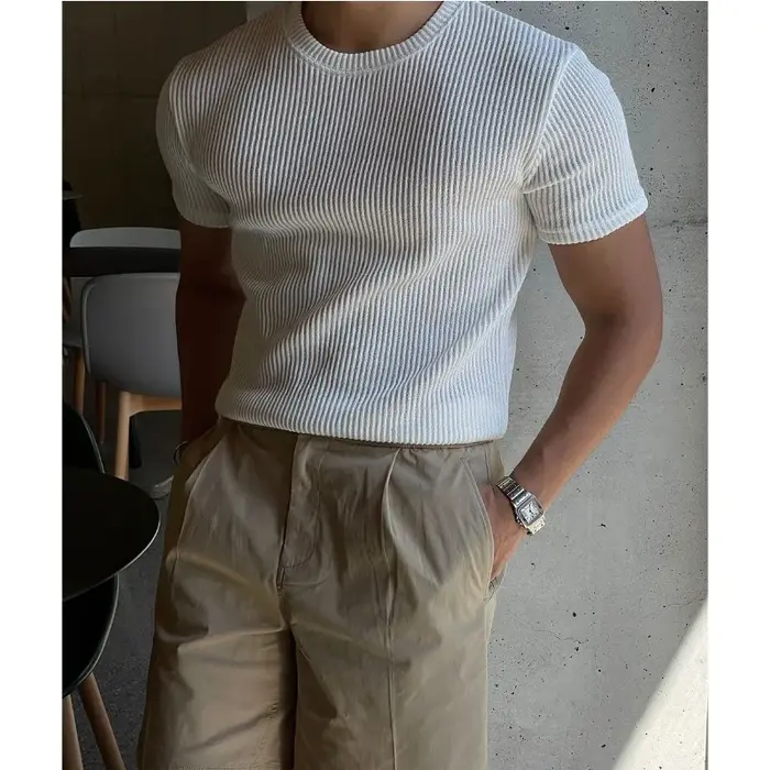 T-shirt côtelé ajusté pour homme - Col rond texturé à manches courtes