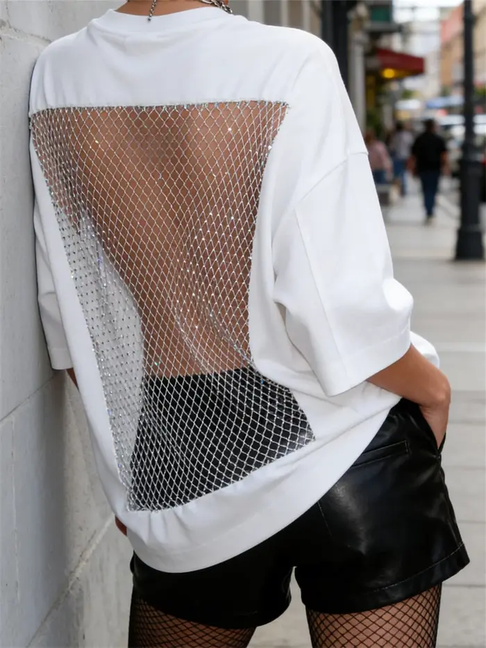 T-shirt ample pour femmes, dos nu, en maille filet, à manches courtes, décontracté, mode estivale