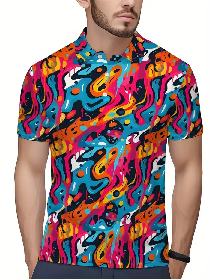 Polo pour homme coloré à motif psychédélique, imprimé rétro pop art, séchage rapide, haut à manches 