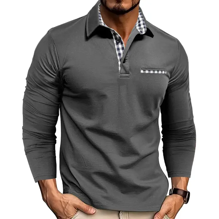 Polo à manches longues pour homme, coupe ajustée décontractée, col rabattu, haut de qualité supérieu