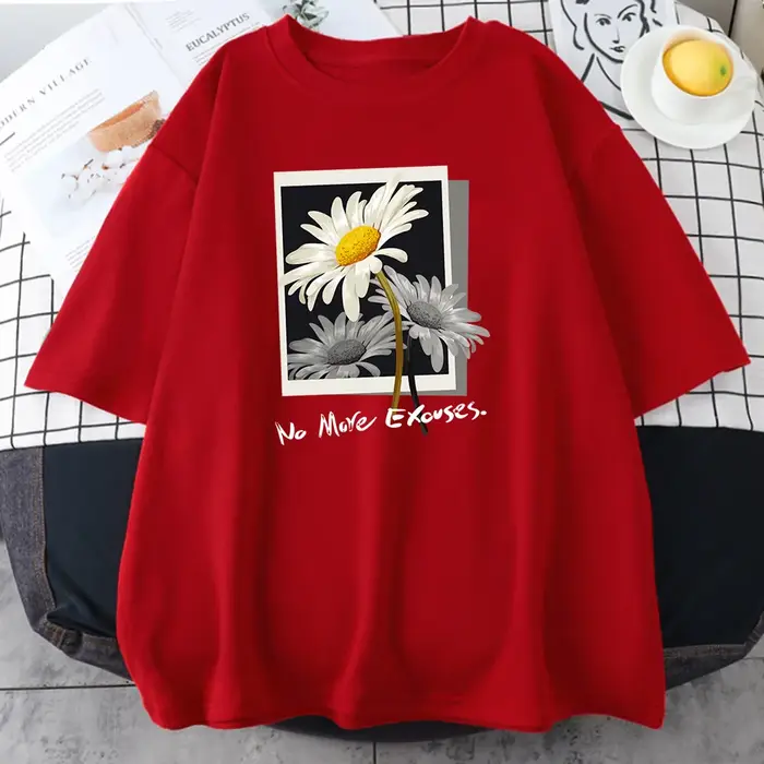 T-shirt en coton avec image de fleur pour femme