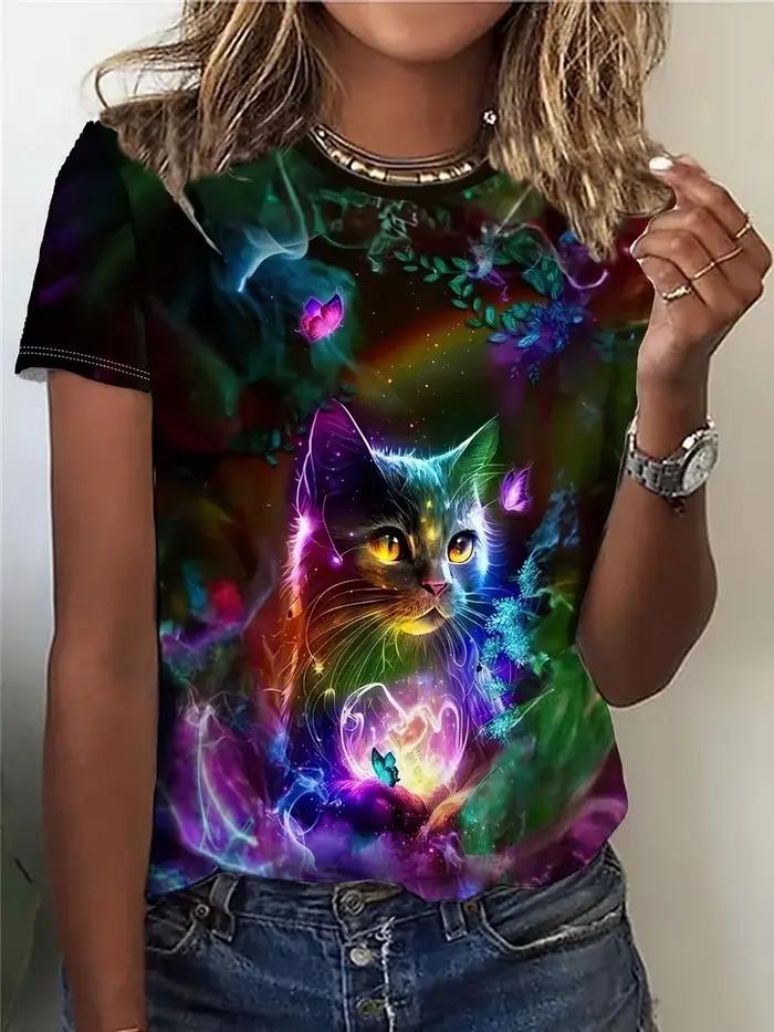 T-shirts Kawaii Chaton Imprimé 3D Animaux Femme Décontracté Manches Courtes Col Rond T-shirt Harajuku Y2K Hauts Vêtements Féminins