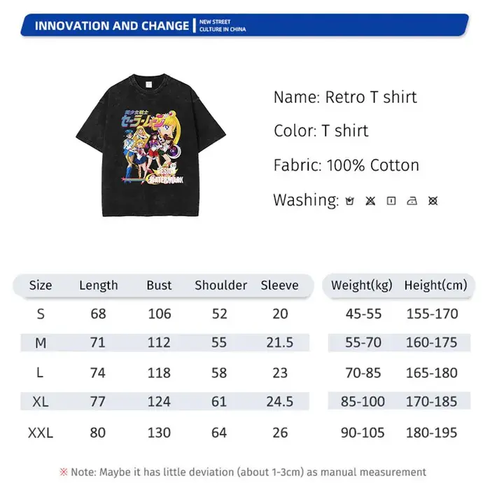 Bandai Anime s-sailor lune T-shirts Vintage lavé Michiru t-shirt Tsukino Rei Makoto Marina Usagi hauts