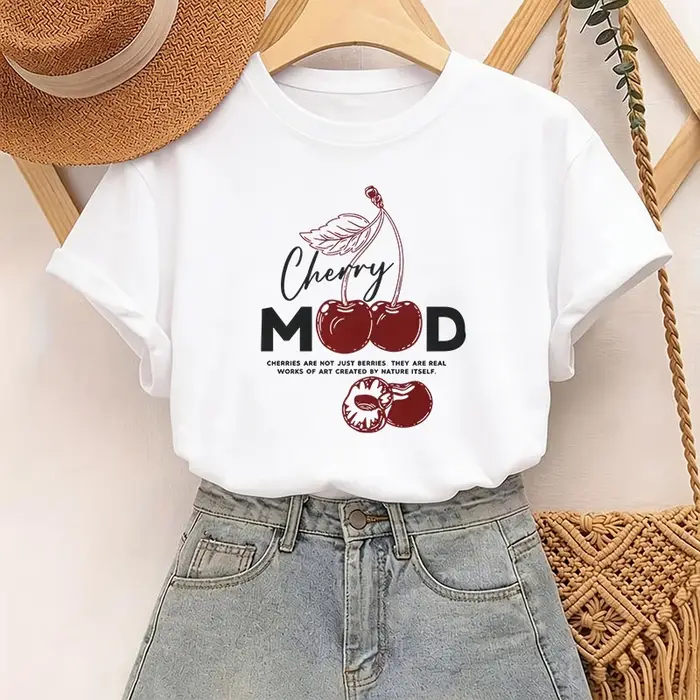 T-shirt décontracté d'été pour femme avec imprimé cerise et lettres