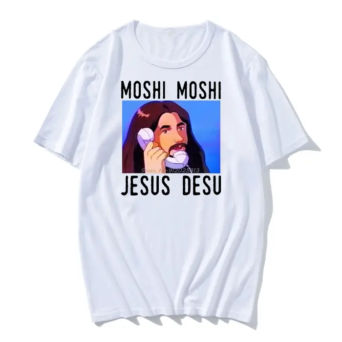 Moshi Moshi jésus Desu drôle surdimensionné T-shirt hommes T-shirt noir coton hommes chemise mode T-shirt hommes coton Harajuku T-shirt