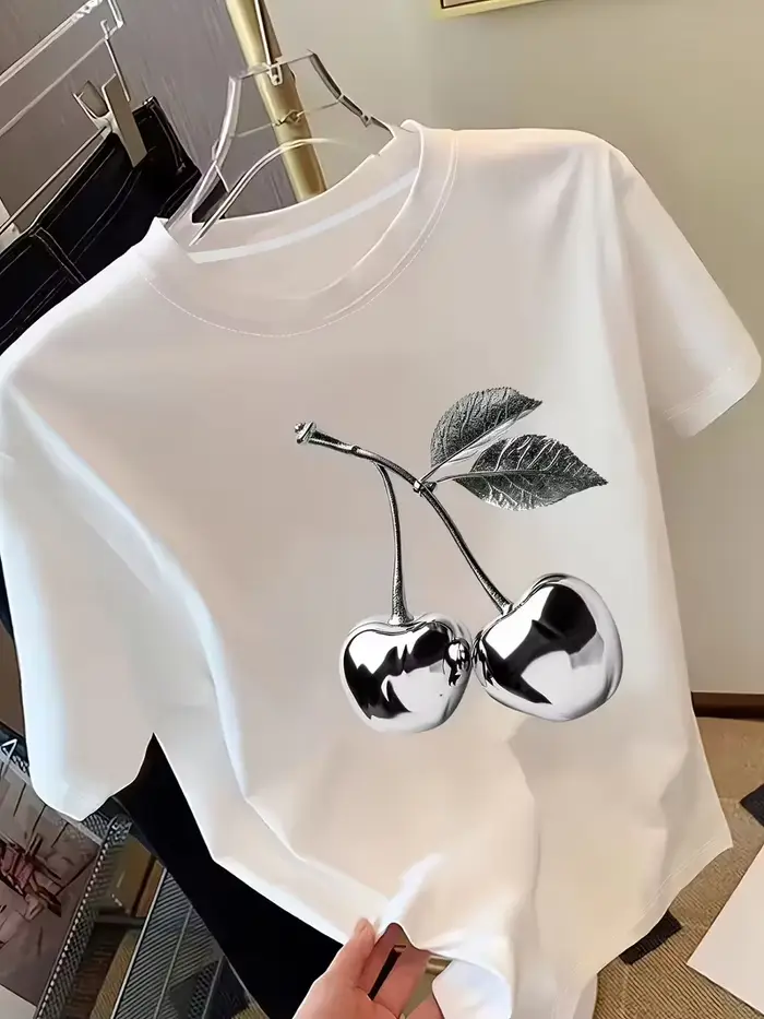 T-shirt à manches courtes pour femme imprimé cerise dorée