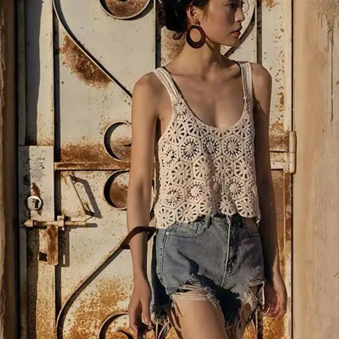 Femmes Crochet Récolte pour Débardeur Boho Creux Tricot Floral Camisole Sans Manches Cove