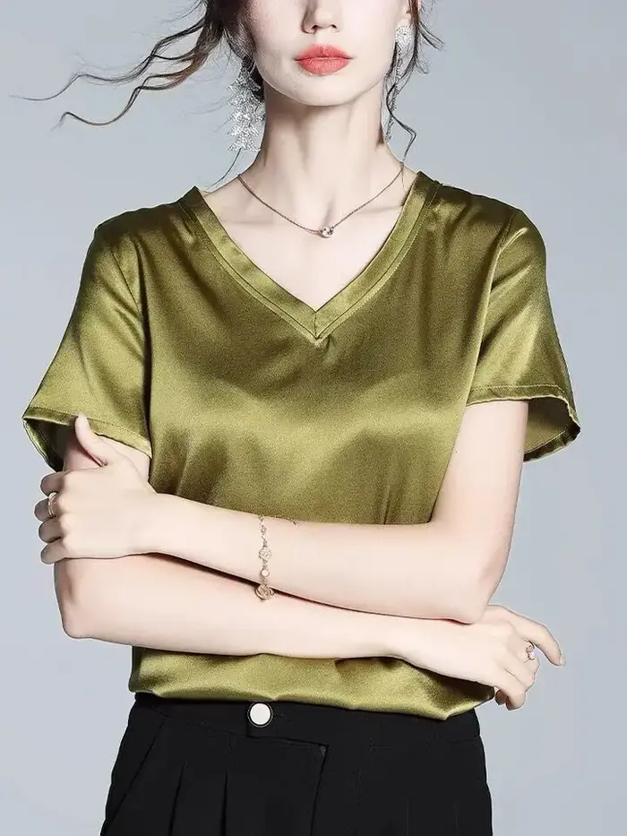 Ice InjT-T-shirt à manches courtes en satin acétate pour femme, haut ample et décontracté, chemise d