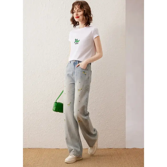 Modiis Yao-T-shirt brodé crocodile pour femme, col rond basique, pull à manches courtes, haut décontracté, t-shirt à la mode, été 2024