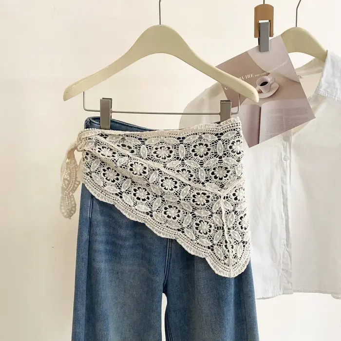 Bandana Crochet fleur Triangle foulard tricoté fleurs taille ceinture femmes Lolita Style coréen éch