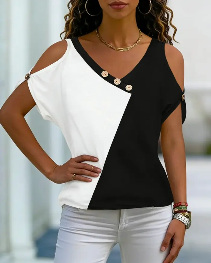 T-shirt femme noir et blanc à blocs de couleur