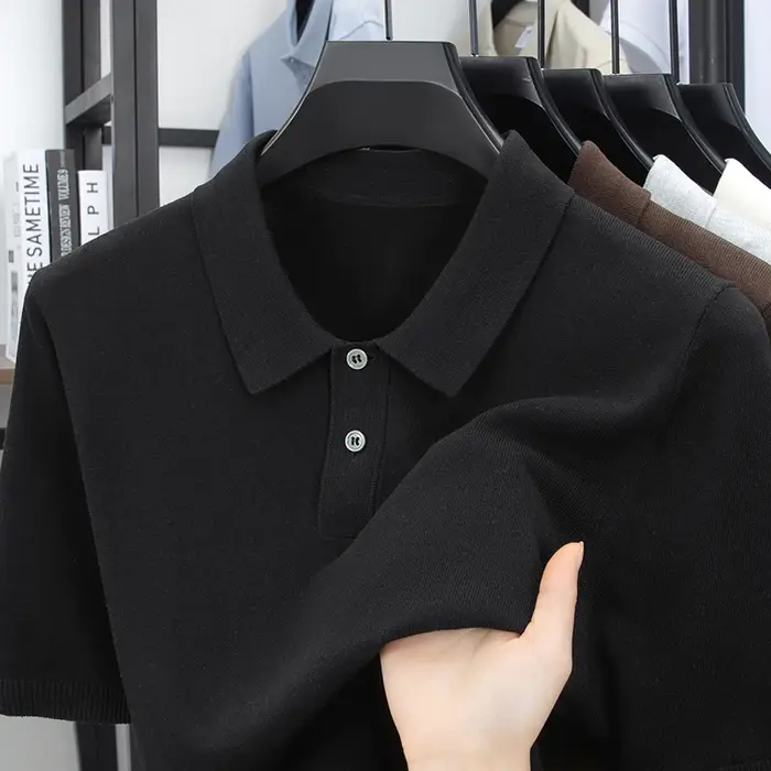 Polo en tricot de lin respirant de haute qualité 2026 – Hauts simples en maille unie pour hommes – Chemises pull en lyocell à manches courtes pour l'été