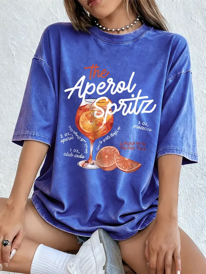 Aperol Spritz citron imprime lavé T-Shirts femmes coton surdimensionné t-shirt été doux à manches co