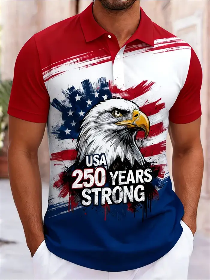 Patriotic USA 250 Memorial Polo Shirt Men Eagle Liberty Statue 3D Print Short Sleeve Breathable Streetwear For Summer Daily Wear