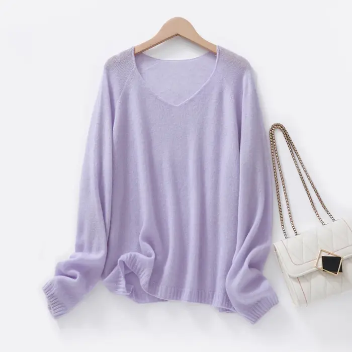 Pull-over ample en soie et cachemire à col en V pour femme