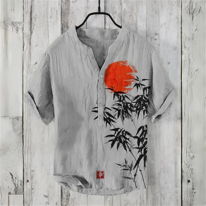 POLO chinois rétro à manches courtes pour hommes, vêtements imprimés en lin mélangé, confortables, d