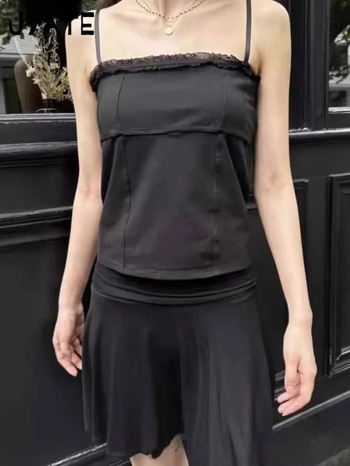 Camisole à lacets en maille transparente blanche pour femmes, garniture en dentelle, nœud patchwork,