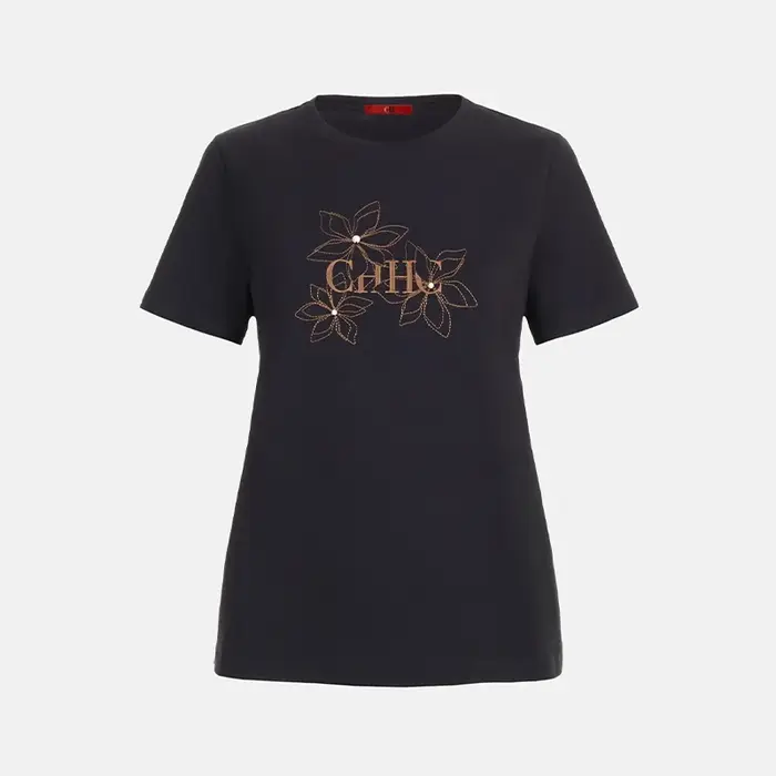T-shirt noir pour femme avec broderie florale, manches courtes, col rond, décontracté, en coton, pou