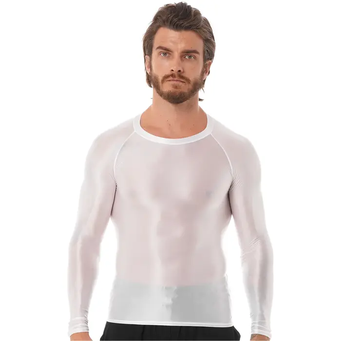 Hommes hommes brillant T-Shirts hauts coupe ajustée respirant Yoga hauts de sport huile brillant à manches longues Transparent T-shirt course maillot de corps