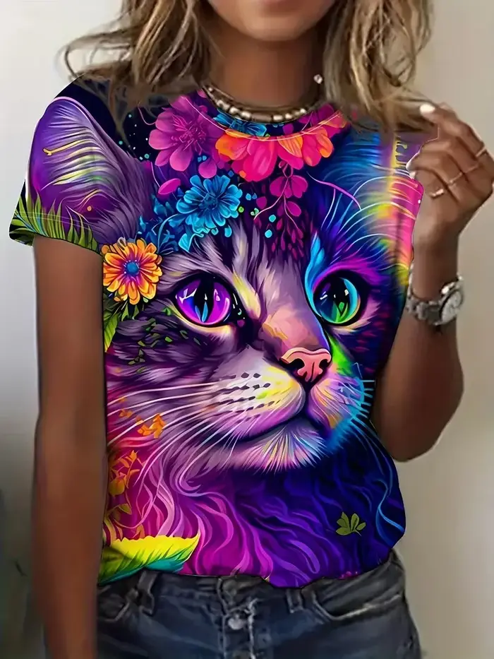 T-shirts Kawaii Chaton Imprimé 3D Animaux Femme Décontracté Manches Courtes Col Rond T-shirt Harajuku Y2K Hauts Vêtements Féminins