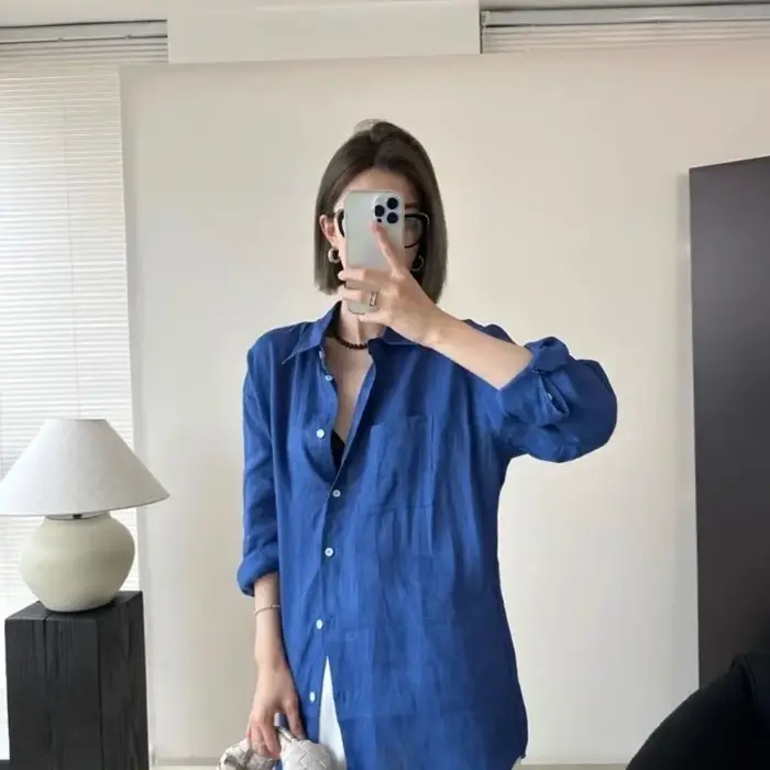 Chemise à manches longues en lin blanc pour femme