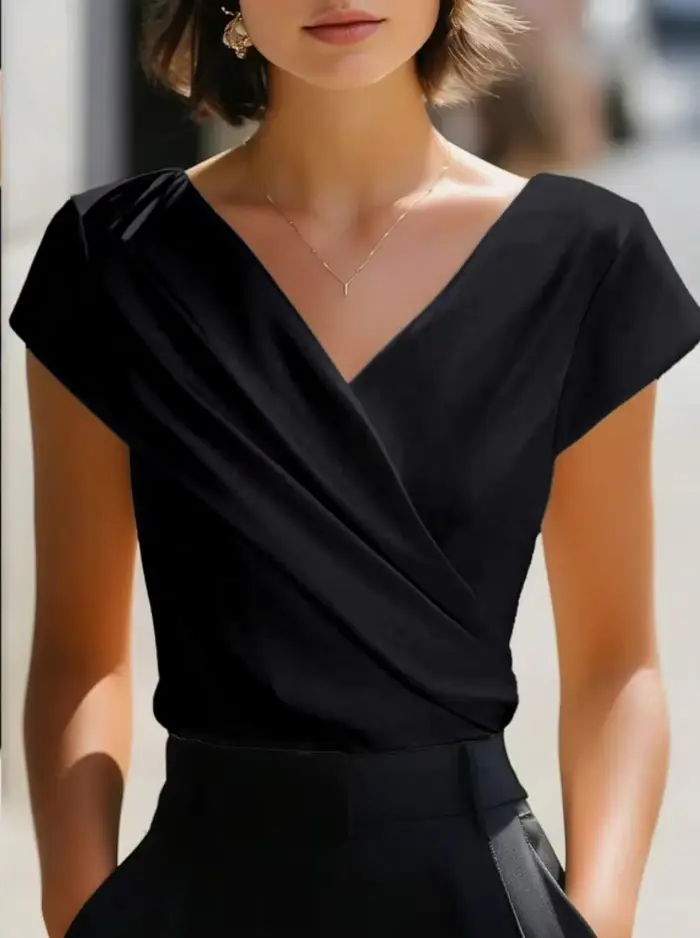 Haut enveloppant à manches courtes et col en V pour femme, chemisier élégant, tunique décontractée d