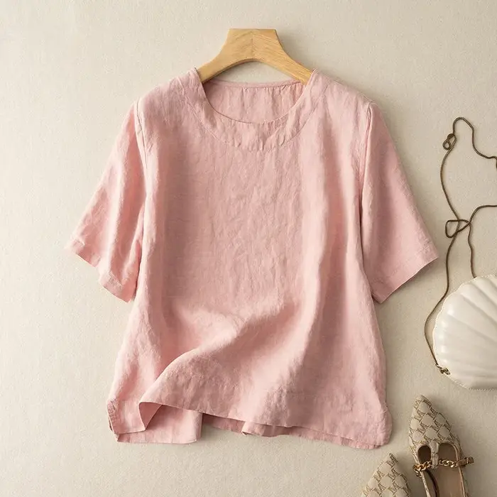 T-shirt à manches courtes en mélange de lin pour femme