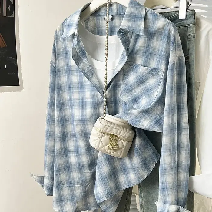 Chemise Femme à Carreaux Bleus Style Unique Français OOTD Printemps 2025 – Coupe Ample Polyvalente à
