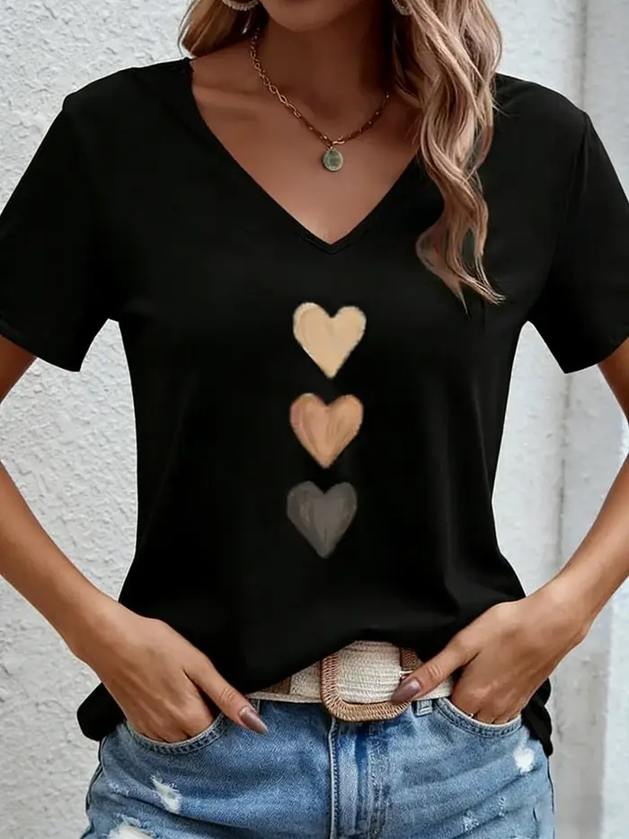 T-shirt pour femme col en V à manches courtes, imprimé cœur dégradé, coupe ample, doux, décontracté, mignon, respirant, idéal pour le printemps, l'été et les soirées