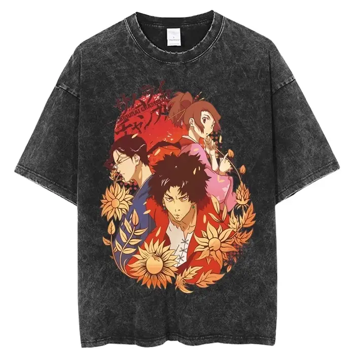 Anime graphique samouraï Champloo T-shirt Vintage lavé surdimensionné T-Shirts hommes femmes vêtements pur coton à manches courtes T-Shirts