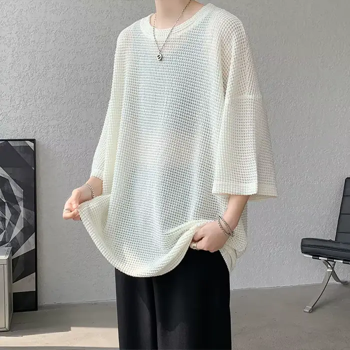 Chemise de Base hommes été surdimensionné demi manches T-Shirt Semi Transparent perforé respirant Streetwear