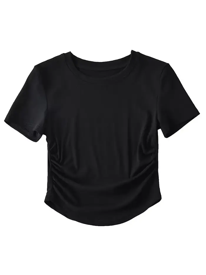 T-Shirt à Manches Courtes et Col Ras du Cou pour Femme, en Coton, avec Côtés Froncés, Style Harajuku