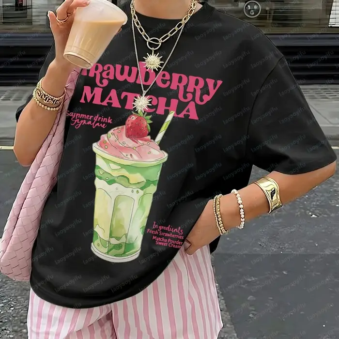 T-shirt imprimé thé Matcha fraise à manches courtes et col rond