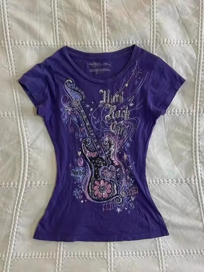 Femmes sous-culture Vintage violet imprimé T-Shirt été Y2k américain rétro mince t-shirts décontracté Harajuku Grunge hauts à la mode nouveau