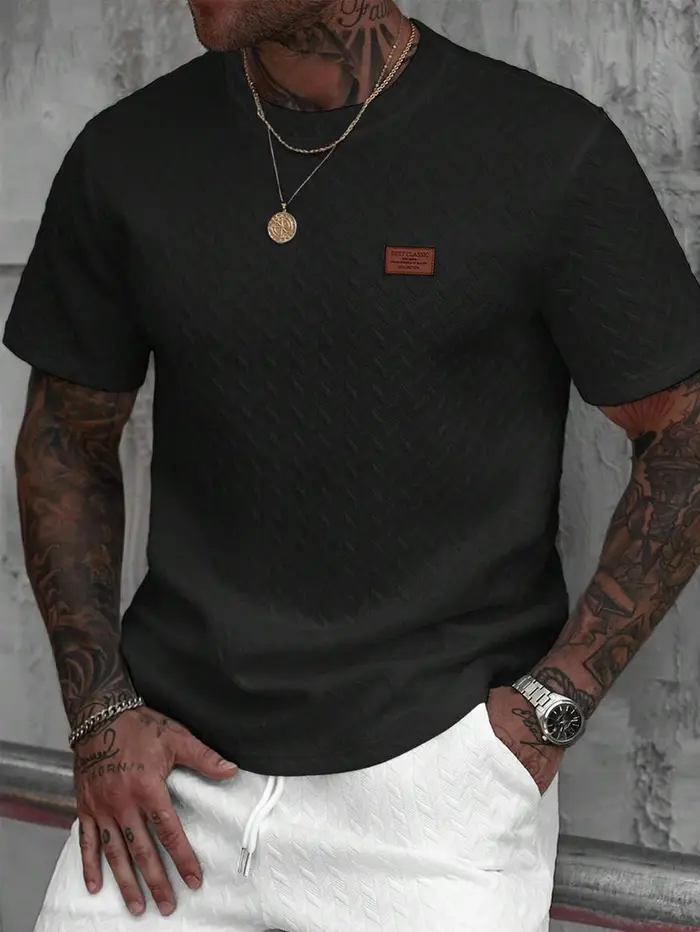 T-shirt jacquard à coupe classique pour homme, manches courtes, décontracté, pour la mode estivale,