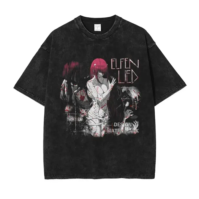 Anime Elfen Lied T-shirt Vintage lavé Y2K Manga motif haut t-shirts surdimensionné à manches courtes DTG impression