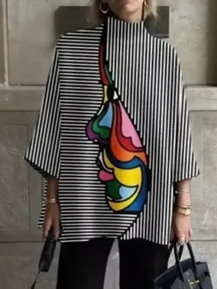 Yeezzi femme mode rayé Figure imprimé col montant T-Shirts 2025 nouveau printemps été ample trois-quarts manches hauts décontractés