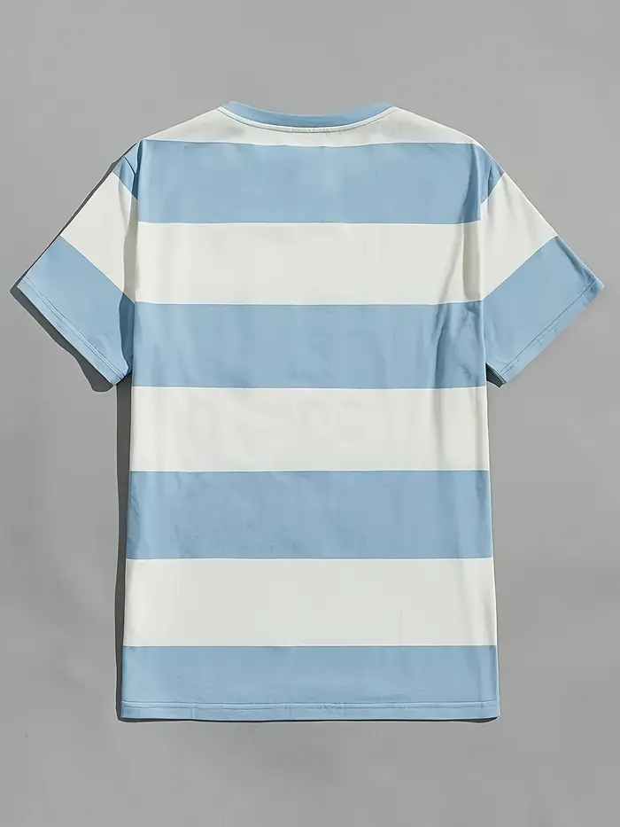 T-shirt rayé polyvalent basique pour hommes | Impression simple bleu clair et blanc | Vêtements multidirectionnels pour