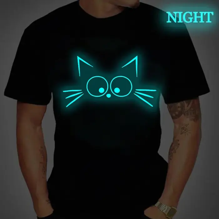 T-shirt unisexe à col rond, style simple, imprimé chat, lumineux, streetwear, été, pour les amoureux